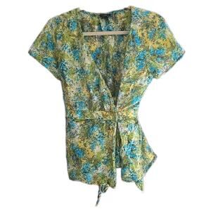 Talbots Green Blue Floral V-Neck Silk Blend Short Sleeve Wrap Top Womans Size 14